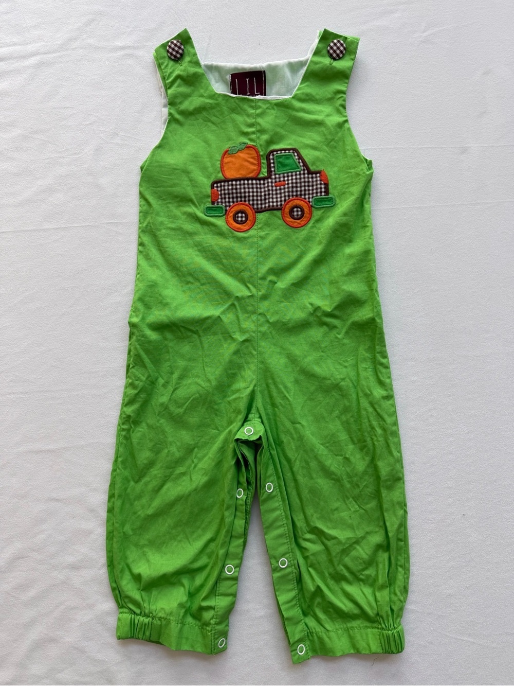 Lil Cactus Green Overalls w/ Fall Design Appliqué Truck & Pumpkin 12-18 months
